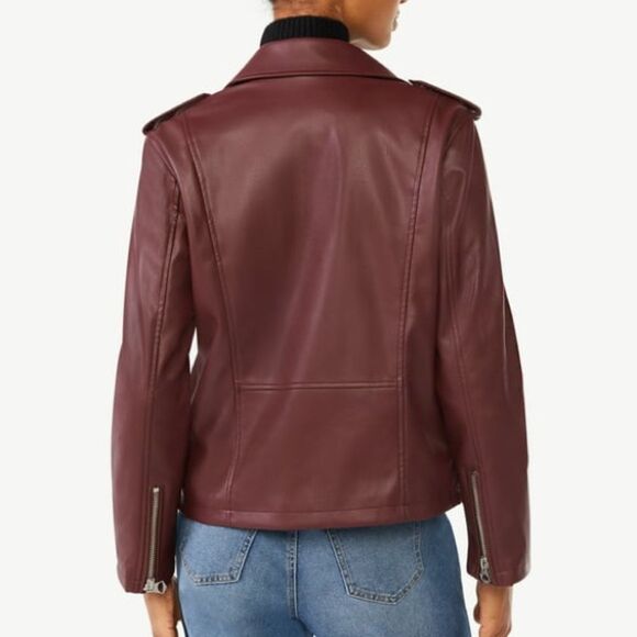 Scoop Faux Leather Moto Jacket Tawny Port Wine Biker Jacket Women’s Size Small - Picture 3 of 12